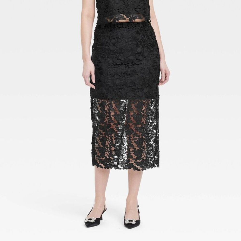 Women's Lace Midi A-Line Skirt - A New Day Black S